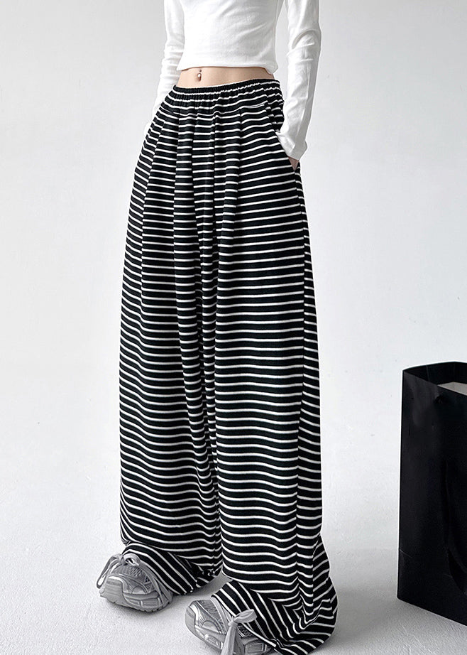 Natural Black White Striped Pockets Elastic Waist Wide Leg Pants Spring