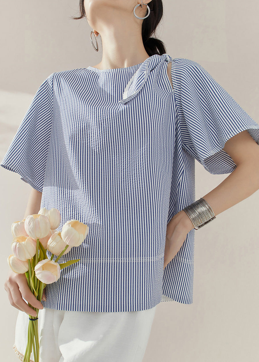 Natural Blue O-Neck Striped Bow Tops Summer