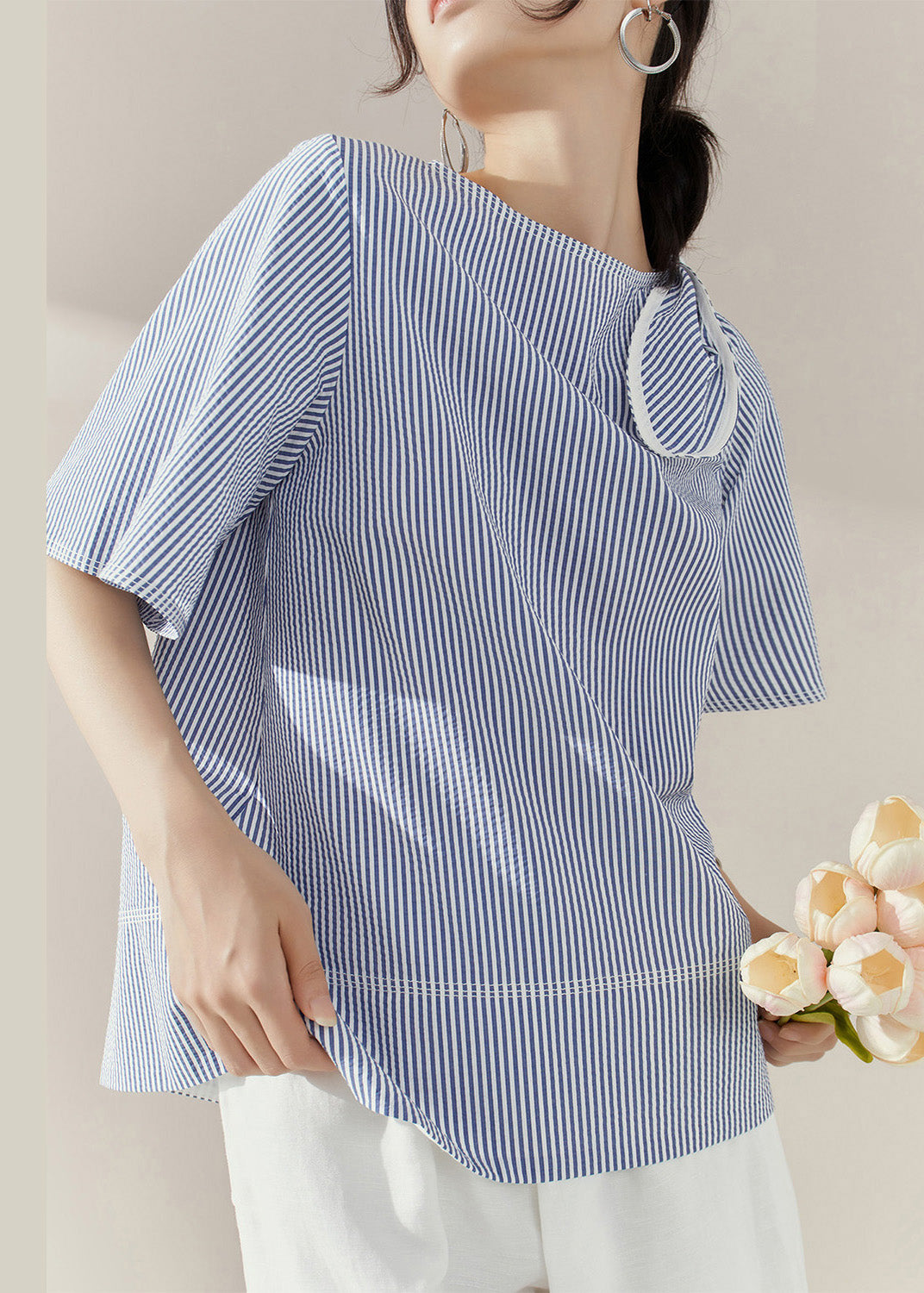 Natural Blue O-Neck Striped Bow Tops Summer