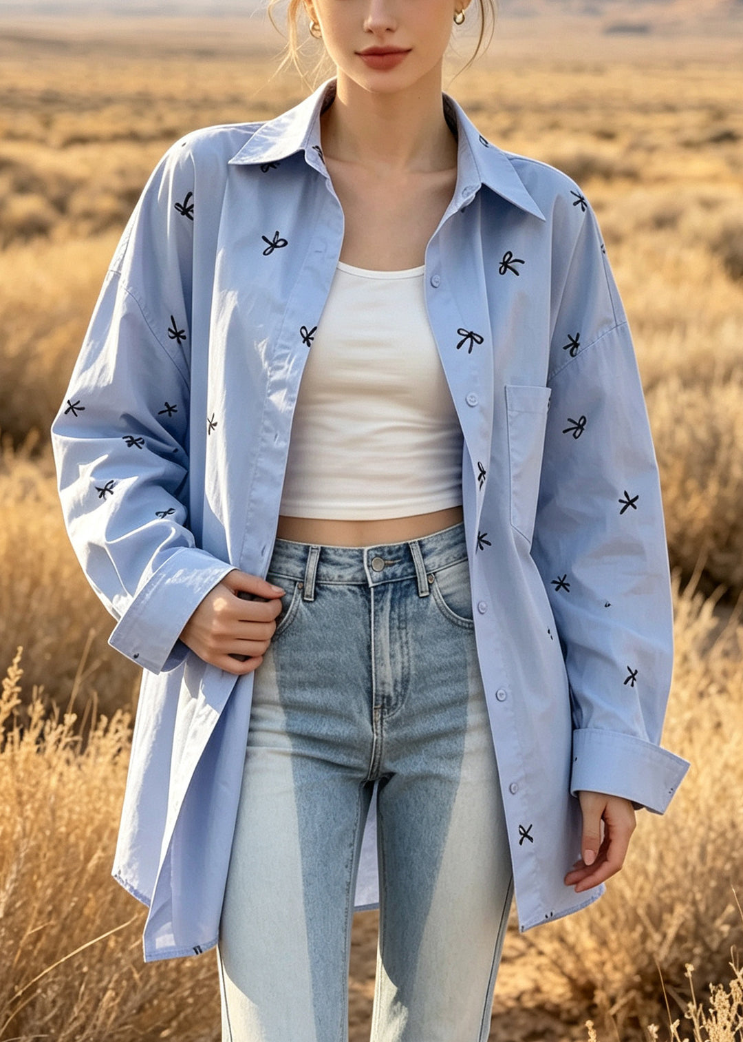 Natural Blue Oversized Bow Print Cotton Shirt Top Fall