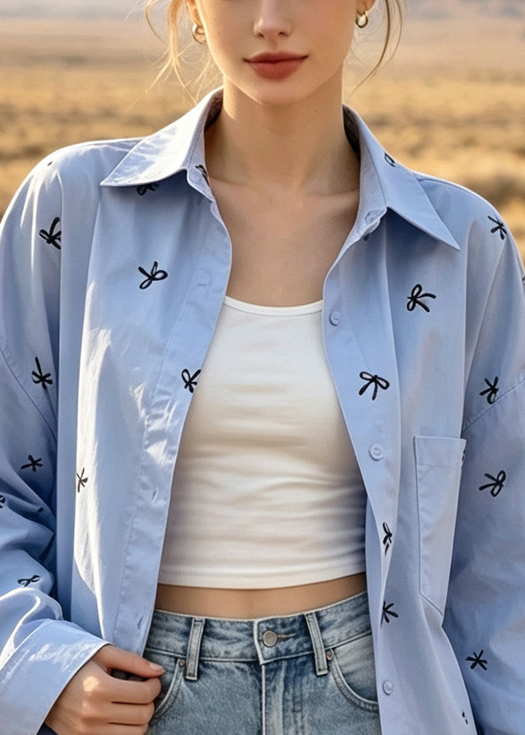 Natural Blue Oversized Bow Print Cotton Shirt Top Fall