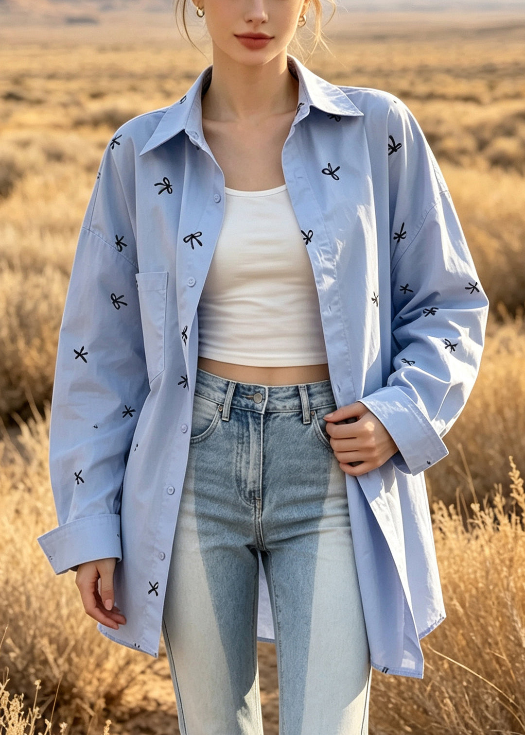 Natural Blue Oversized Bow Print Cotton Shirt Top Fall