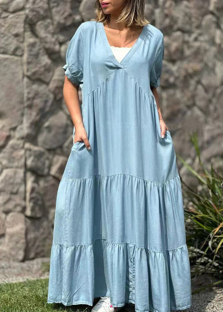 Natural Blue Oversized Patchwork Cotton Maxi Dresses Summer