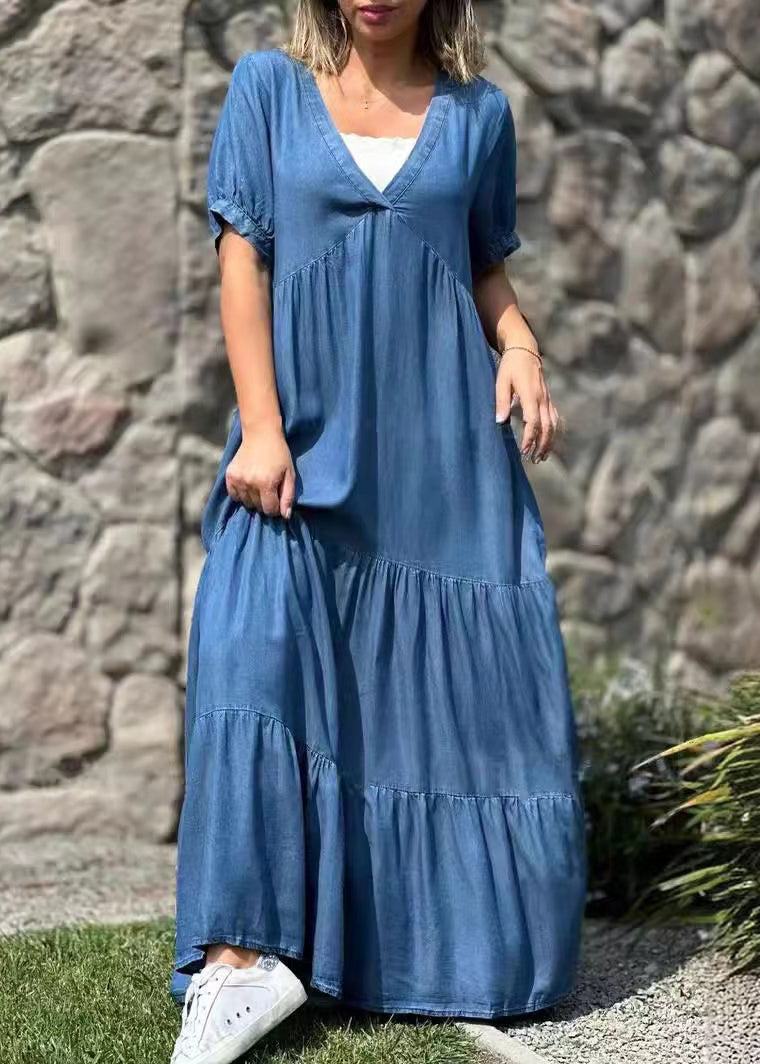 Natural Blue Oversized Patchwork Cotton Maxi Dresses Summer