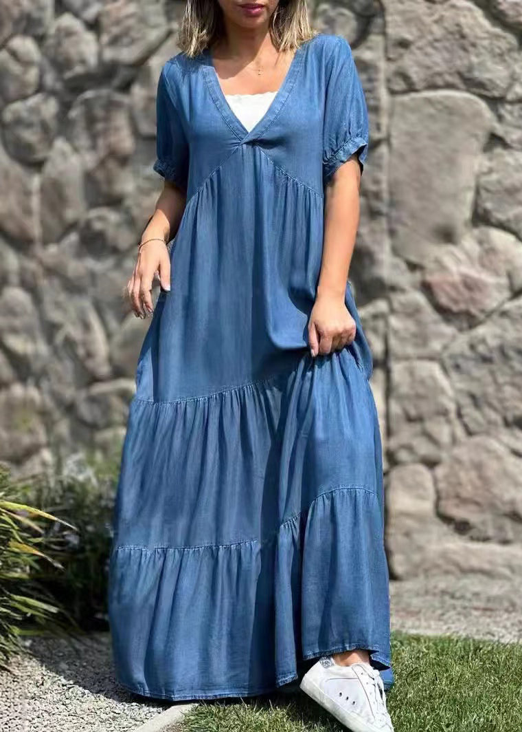 Natural Blue Oversized Patchwork Cotton Maxi Dresses Summer