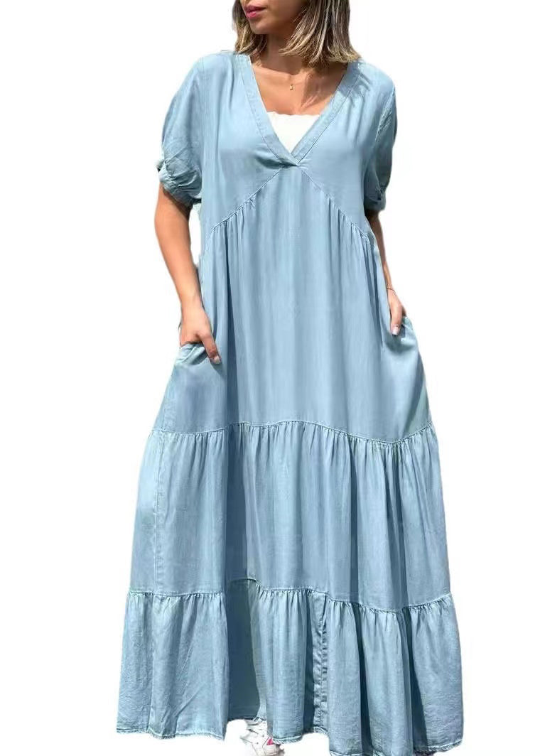 Natural Blue Oversized Patchwork Cotton Maxi Dresses Summer