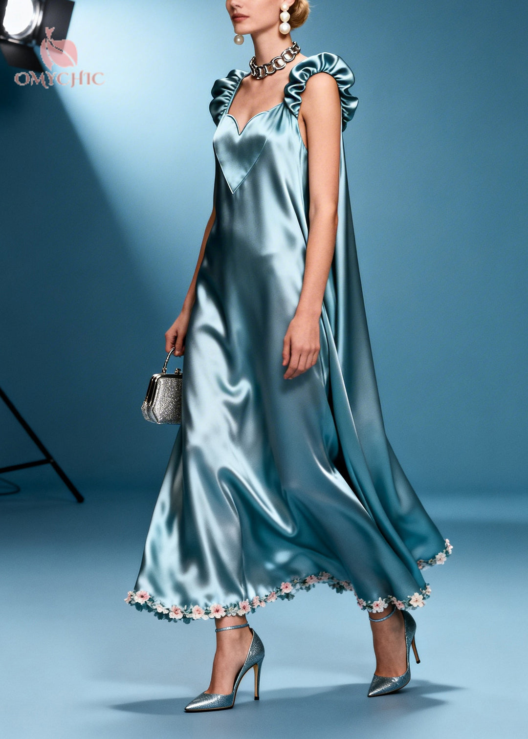 Natural Blue Oversized Patchwork Falower Silk Ankle Dress Summer