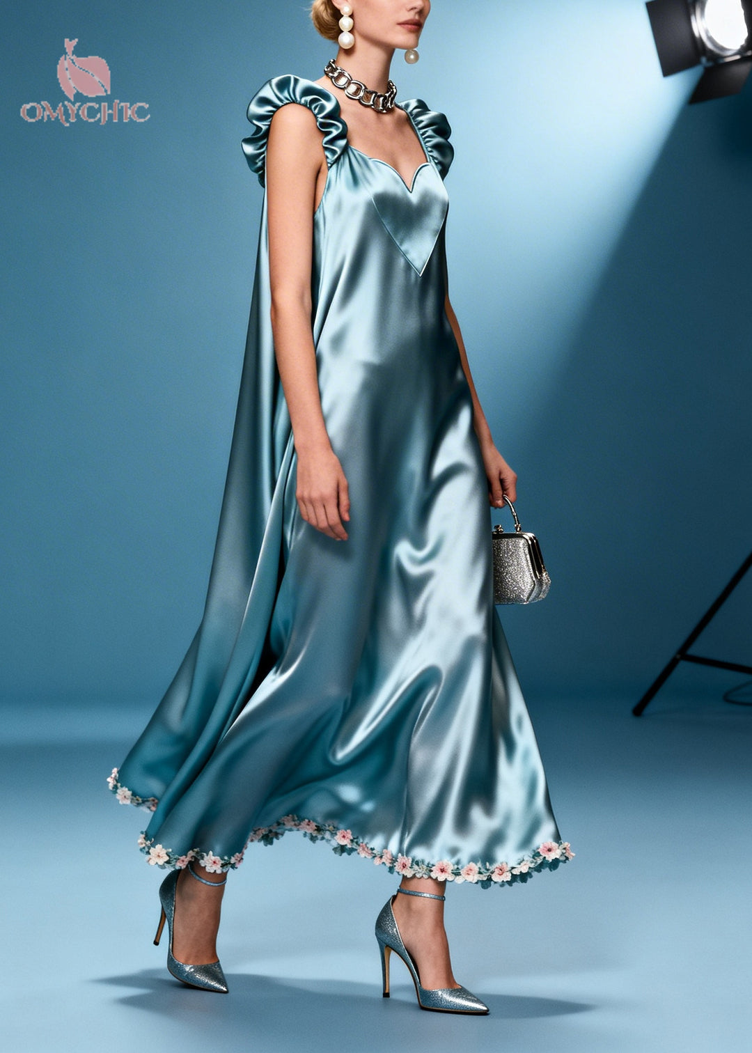 Natural Blue Oversized Patchwork Falower Silk Ankle Dress Summer