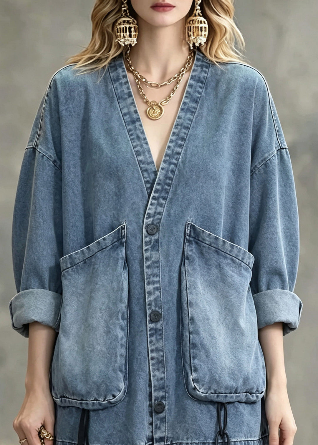 Natural Blue Patchwork Button Denim Coats Long Sleeve