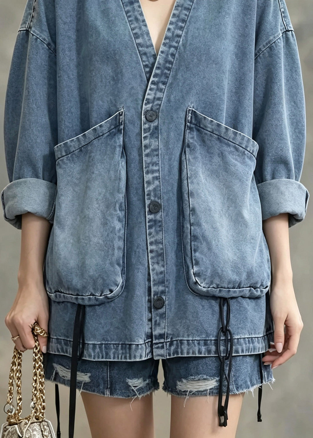Natural Blue Patchwork Button Denim Coats Long Sleeve