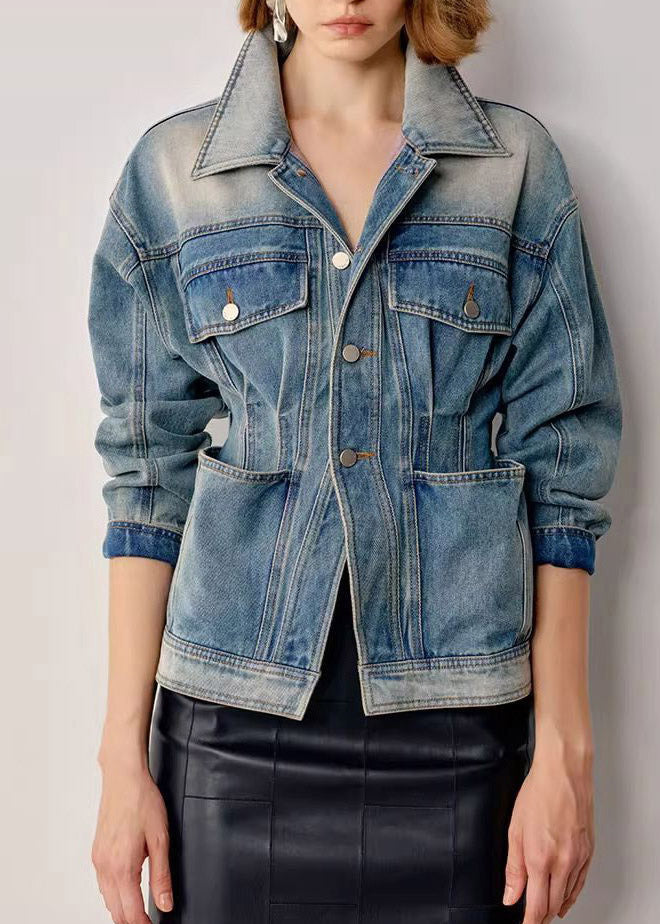 Natural Blue Peter Pan Collar Pockets Patchwork Denim Coats Summer