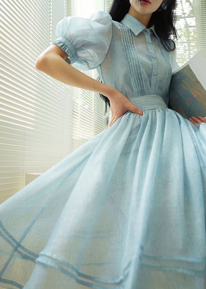 Natural Blue Peter Pan Collar Striped Button Tulle Shirts And Skirts Two Piece Set Summer