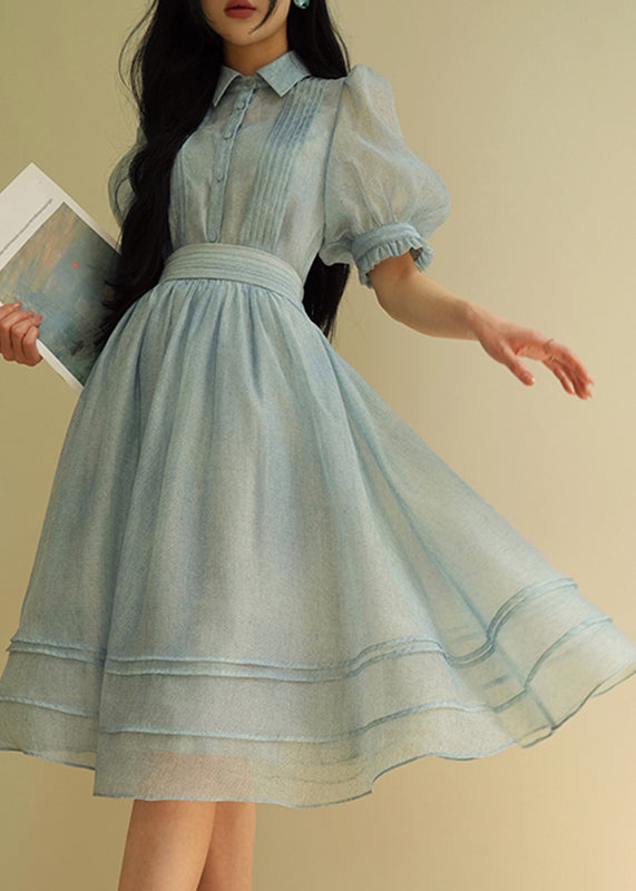 Natural Blue Peter Pan Collar Striped Button Tulle Shirts And Skirts Two Piece Set Summer