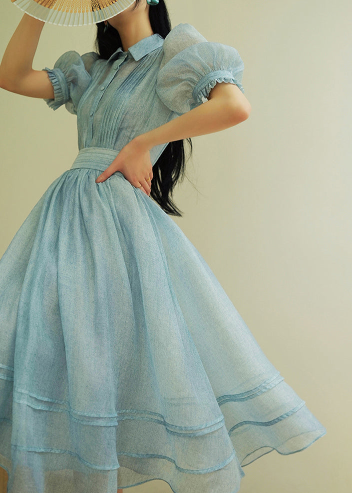 Natural Blue Peter Pan Collar Striped Button Tulle Shirts And Skirts Two Piece Set Summer