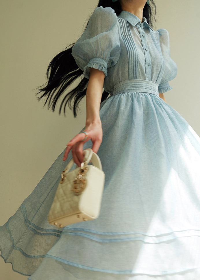Natural Blue Peter Pan Collar Striped Button Tulle Shirts And Skirts Two Piece Set Summer