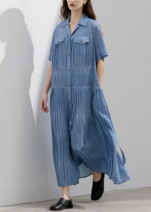 Natural Blue Peter Pan Collar Wrinkled Denim Dress Summer