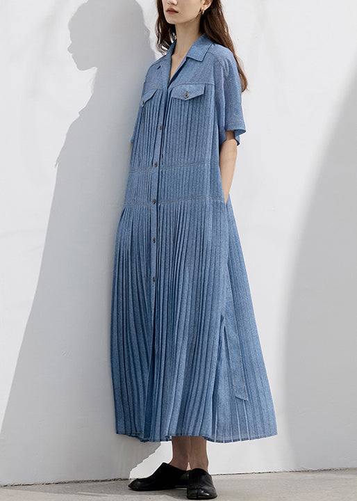 Natural Blue Peter Pan Collar Wrinkled Denim Dress Summer