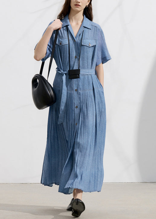 Natural Blue Peter Pan Collar Wrinkled Denim Dress Summer
