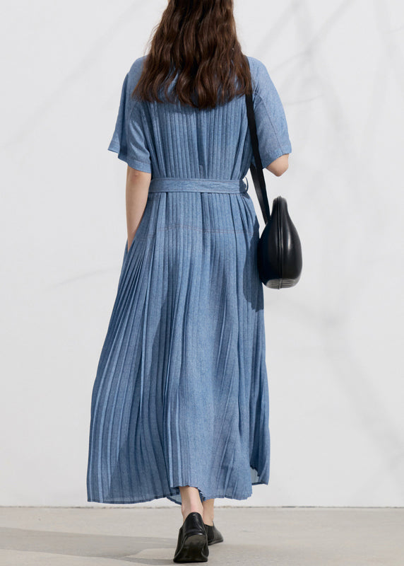Natural Blue Peter Pan Collar Wrinkled Denim Dress Summer