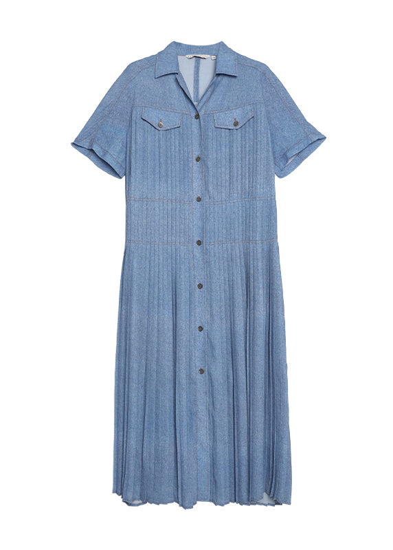 Natural Blue Peter Pan Collar Wrinkled Denim Dress Summer