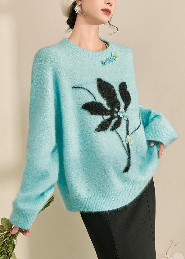 Natural Blue Print Cozy Cotton Knit Sweaters Fall