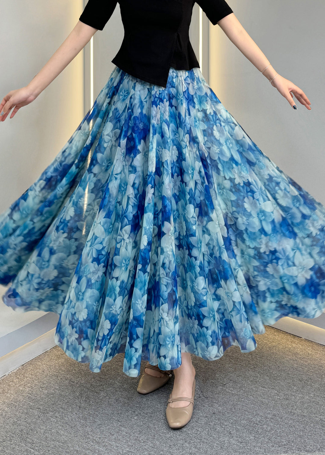 Natural Blue Print Elastic Waist Tulle A Line Skirts Summer