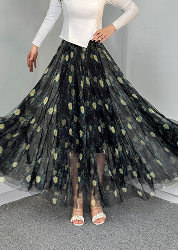 Natural Blue Print Elastic Waist Tulle A Line Skirts Summer