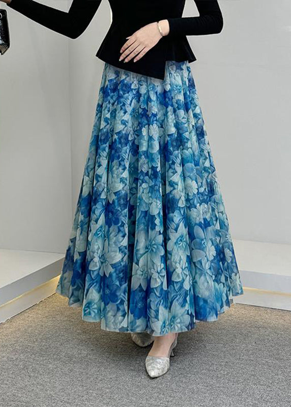 Natural Blue Print Elastic Waist Tulle A Line Skirts Summer