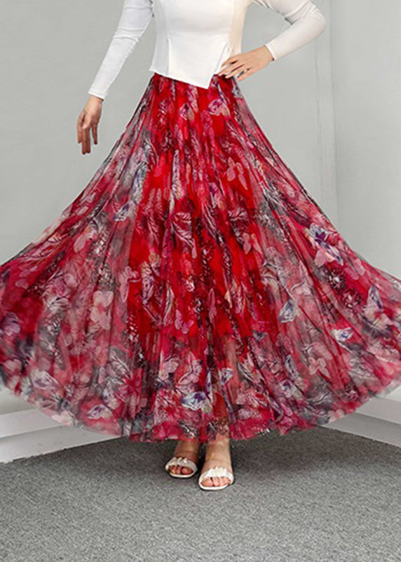Natural Blue Print Elastic Waist Tulle A Line Skirts Summer
