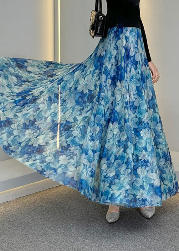 Natural Blue Print Elastic Waist Tulle A Line Skirts Summer