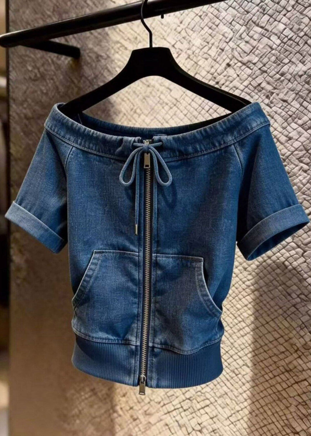 Natural Blue Slash Neck Zippered Tie Lace Denim Top Short Sleeve