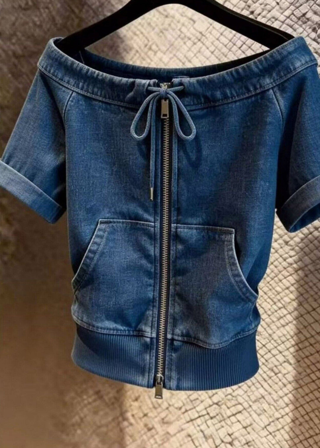 Natural Blue Slash Neck Zippered Tie Lace Denim Top Short Sleeve