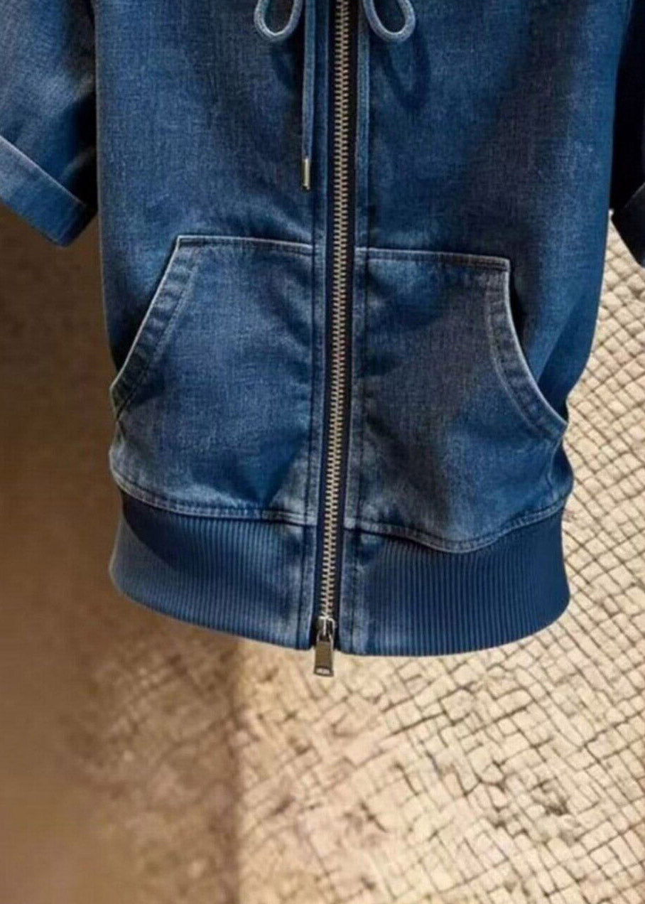 Natural Blue Slash Neck Zippered Tie Lace Denim Top Short Sleeve