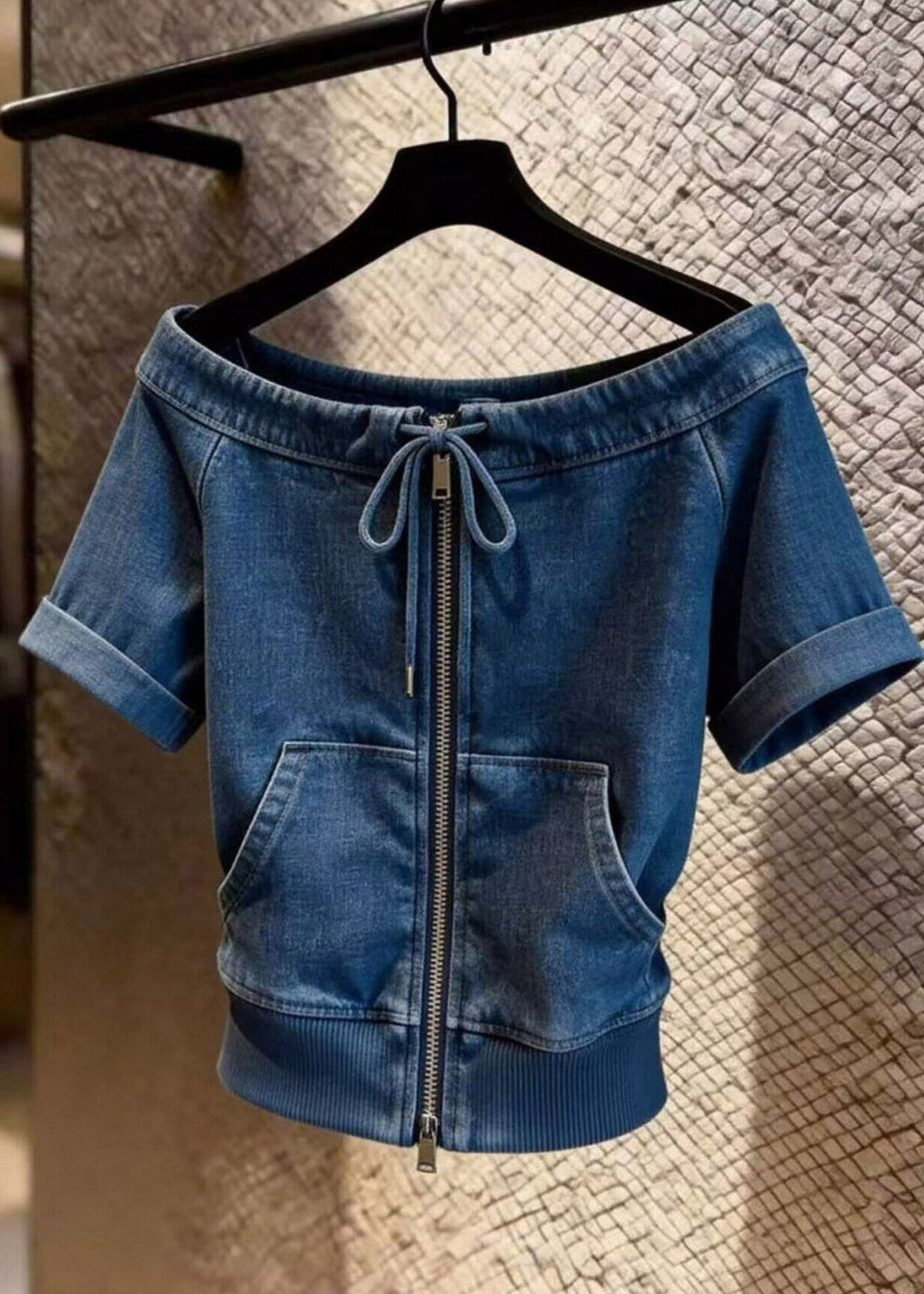 Natural Blue Slash Neck Zippered Tie Lace Denim Top Short Sleeve