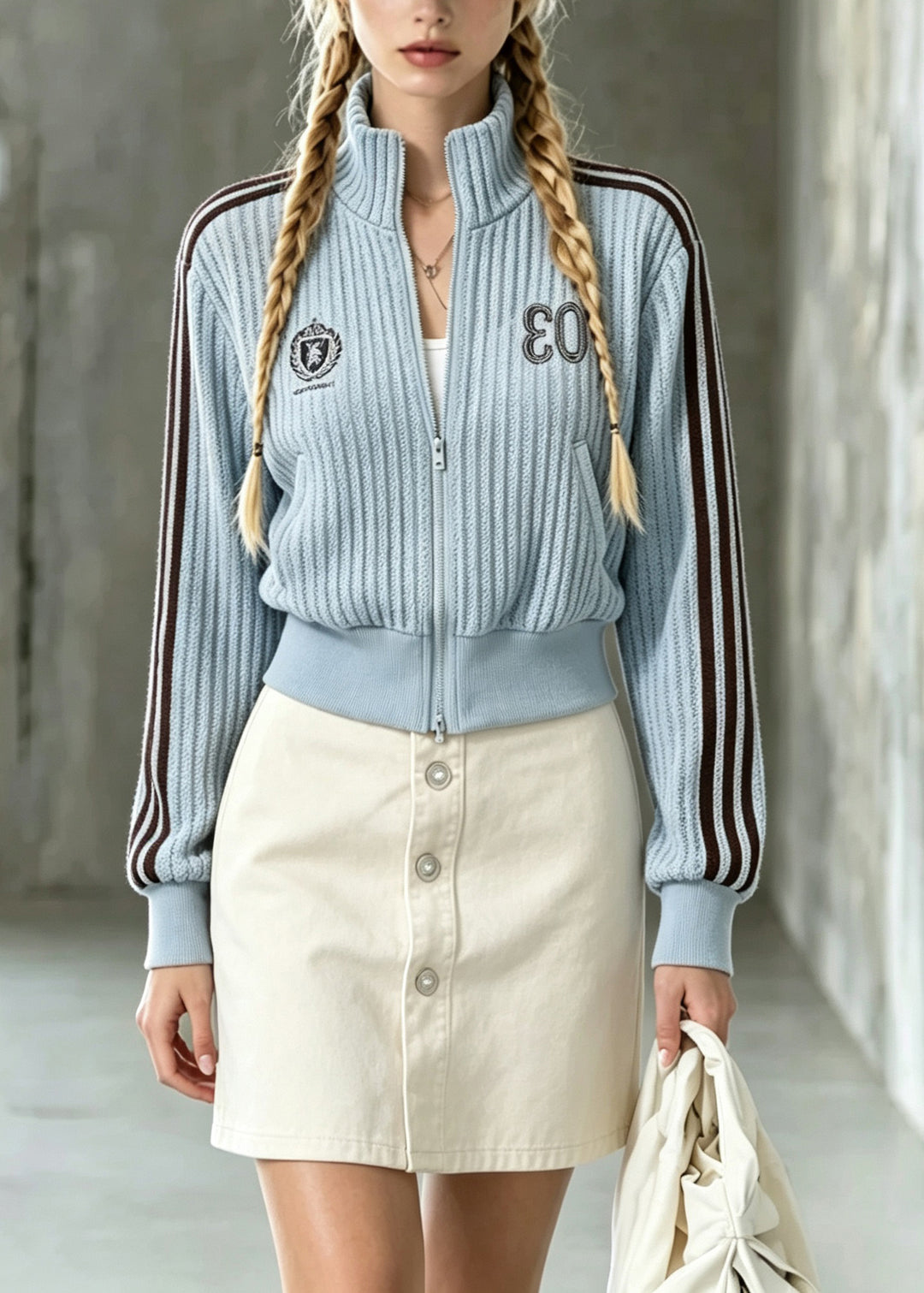 Natural Blue Stand Collar Striped Patchwork Knit Coats Fall
