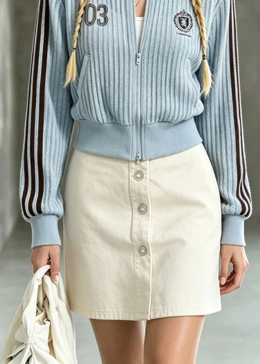 Natural Blue Stand Collar Striped Patchwork Knit Coats Fall