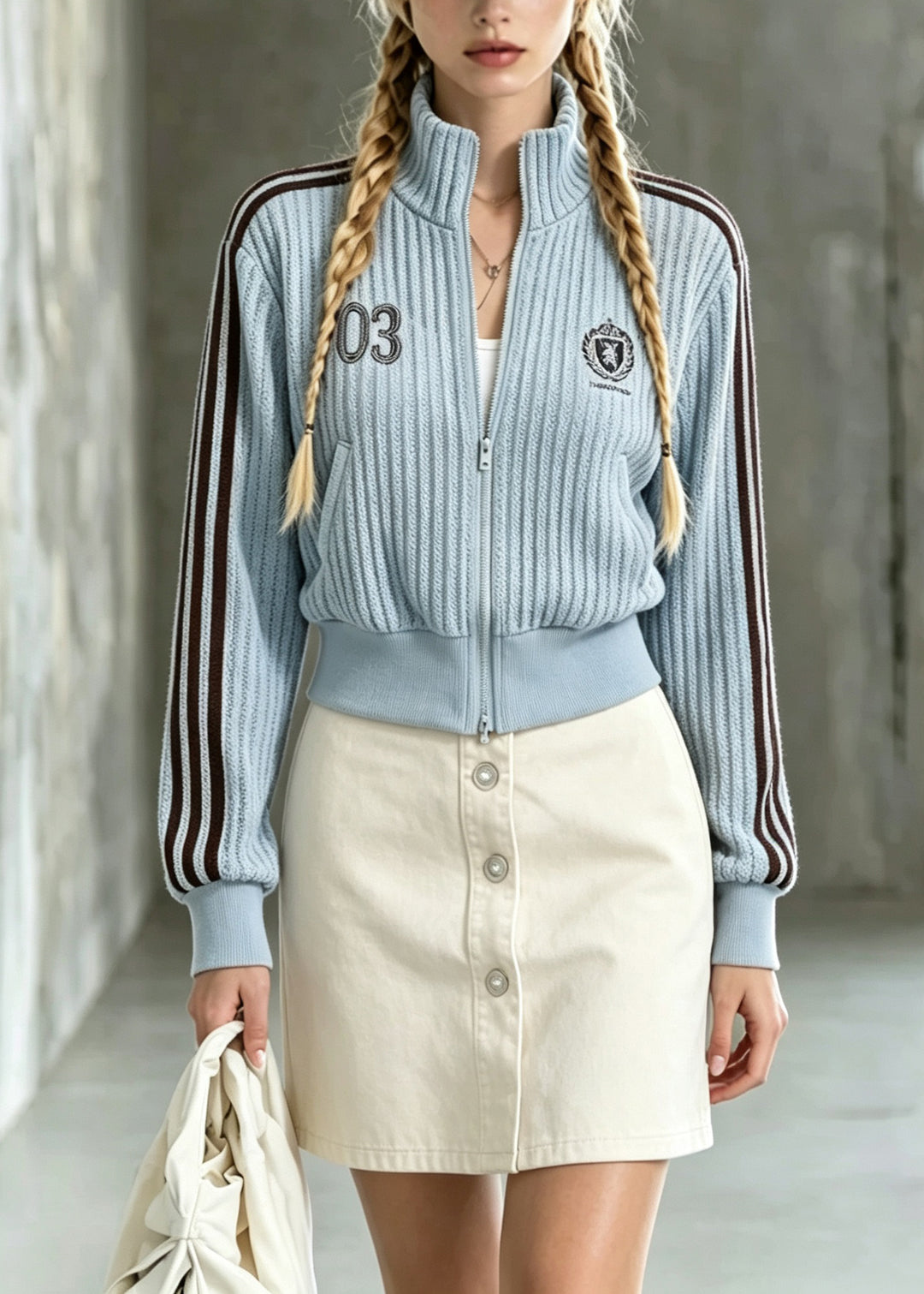 Natural Blue Stand Collar Striped Patchwork Knit Coats Fall