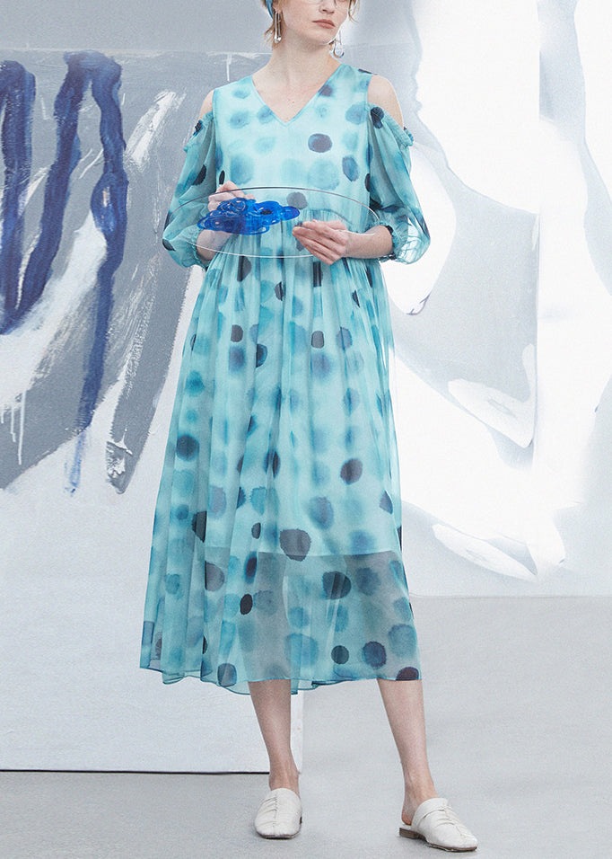 Natural Blue V Neck Cold Shoulder Dot Print Silk Dress Summer