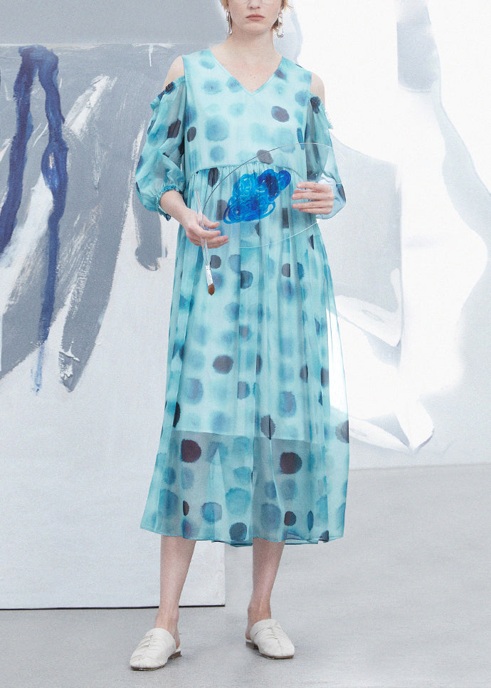 Natural Blue V Neck Cold Shoulder Dot Print Silk Dress Summer