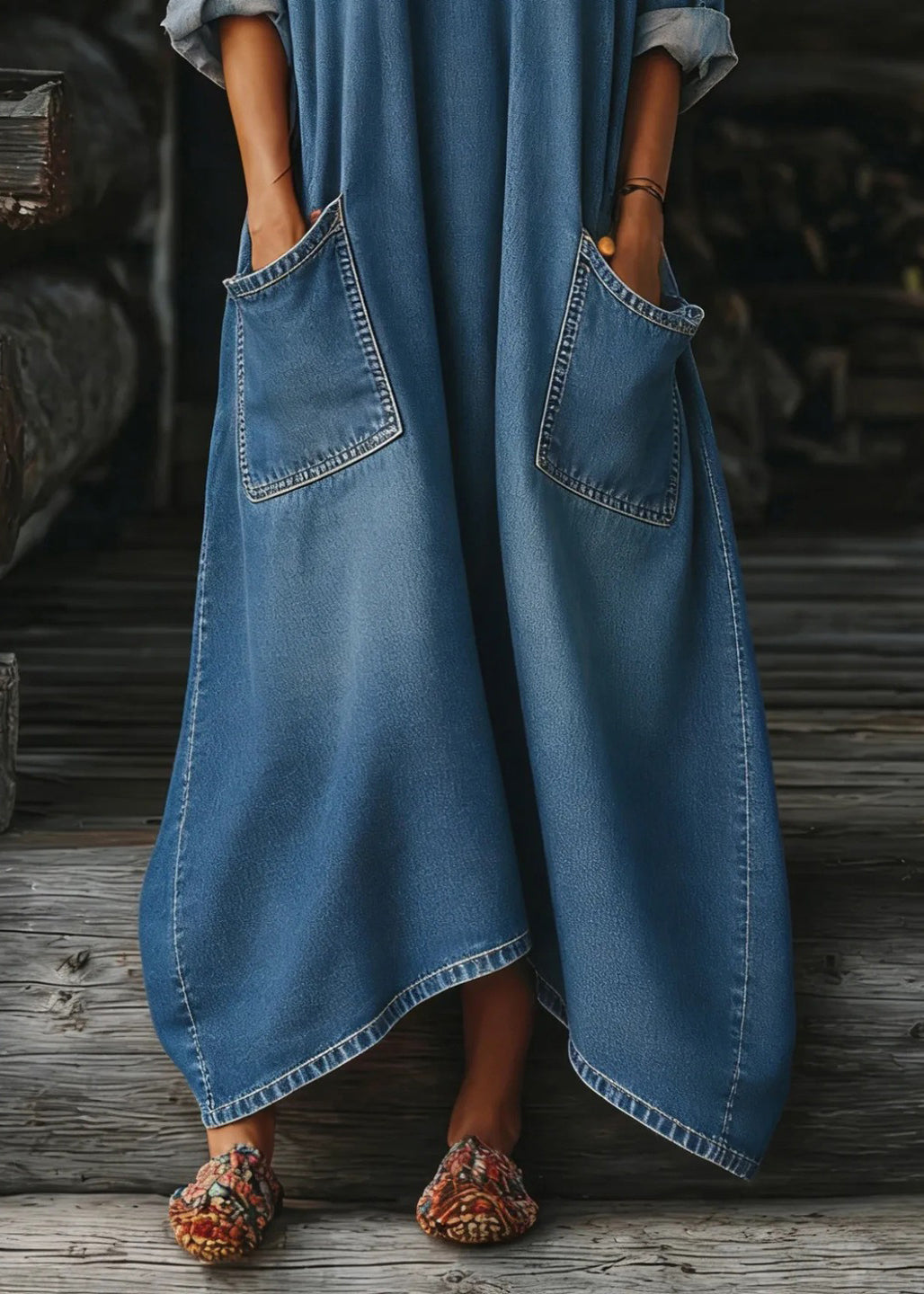 Natural Blue V Neck Pockets Patchwork Denim Dresses Summer