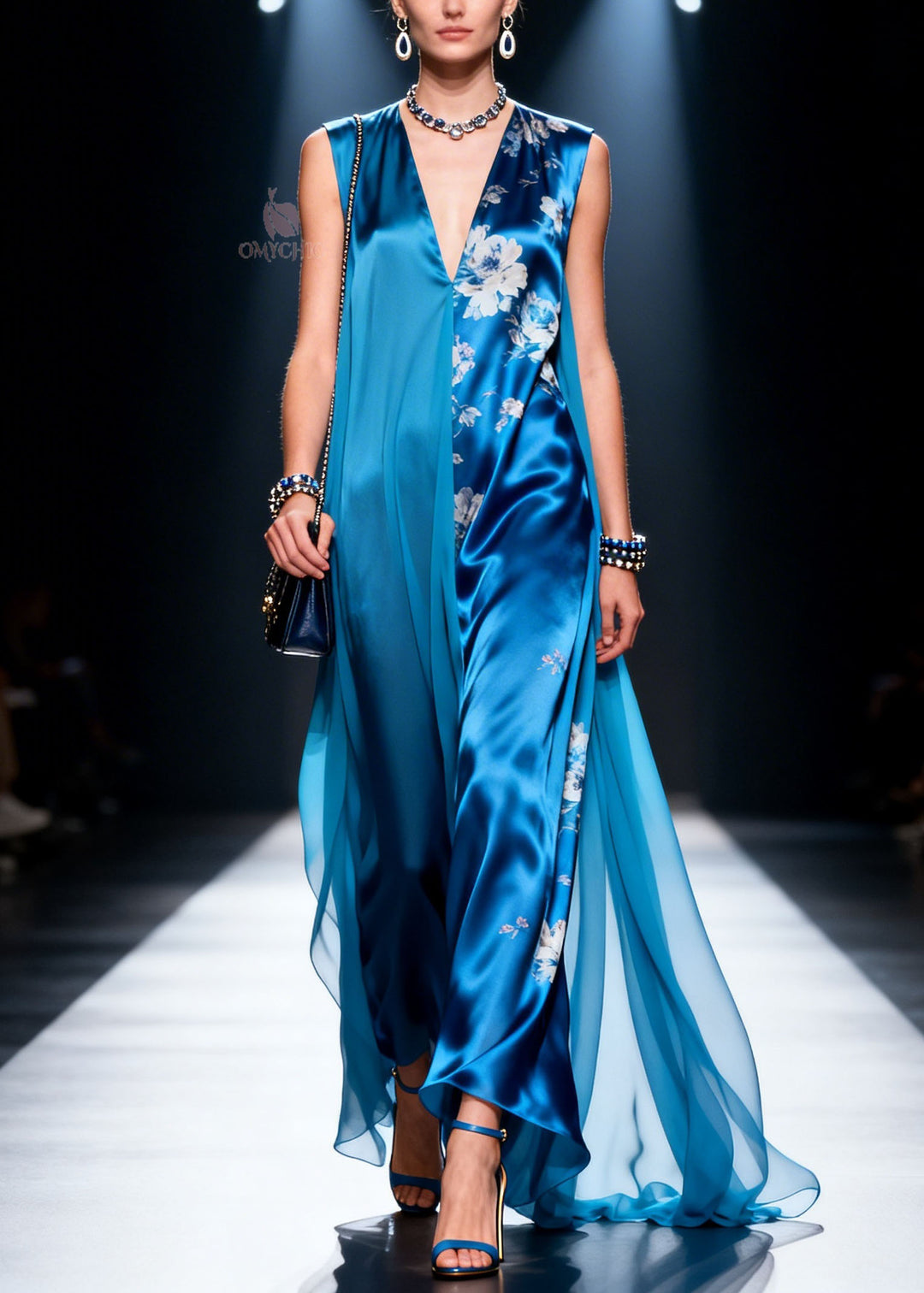 Natural Blue V Neck Print Patchwork Chiffon Dress Sleeveless