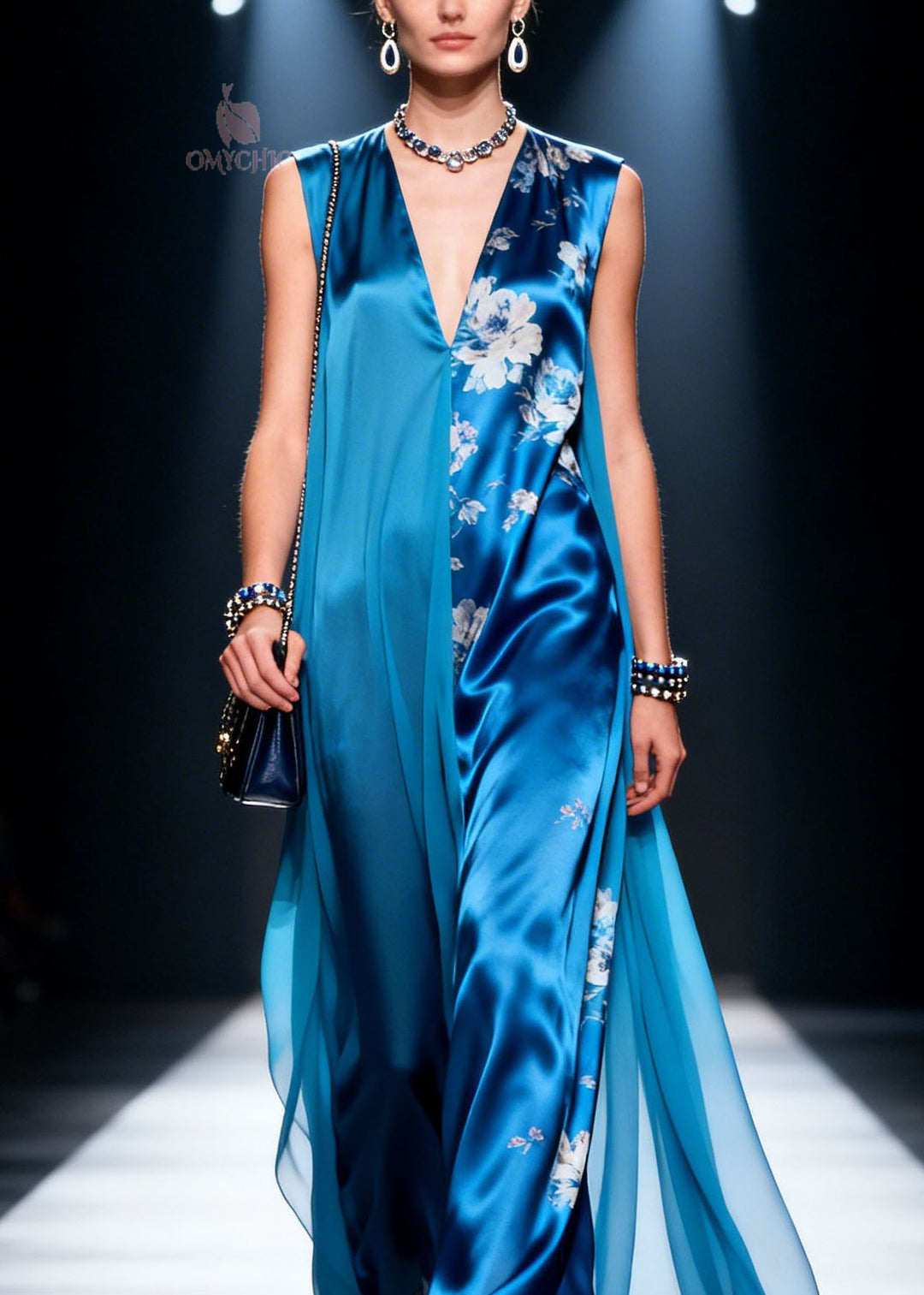 Natural Blue V Neck Print Patchwork Chiffon Dress Sleeveless