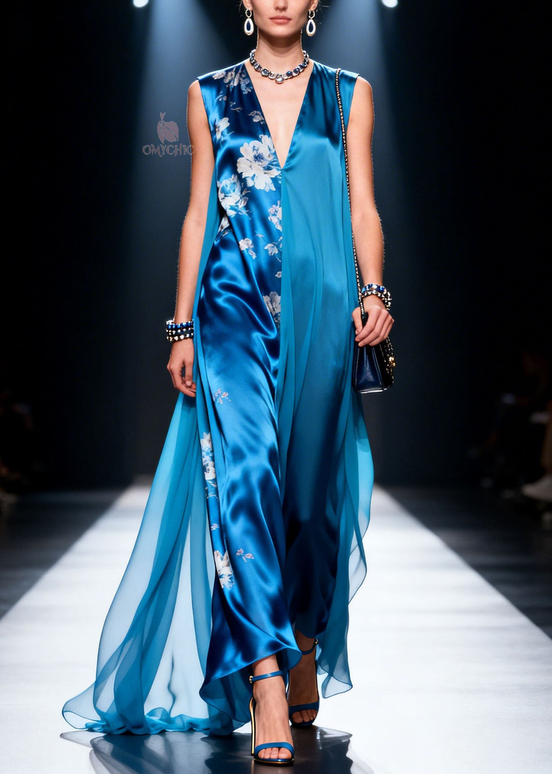 Natural Blue V Neck Print Patchwork Chiffon Dress Sleeveless
