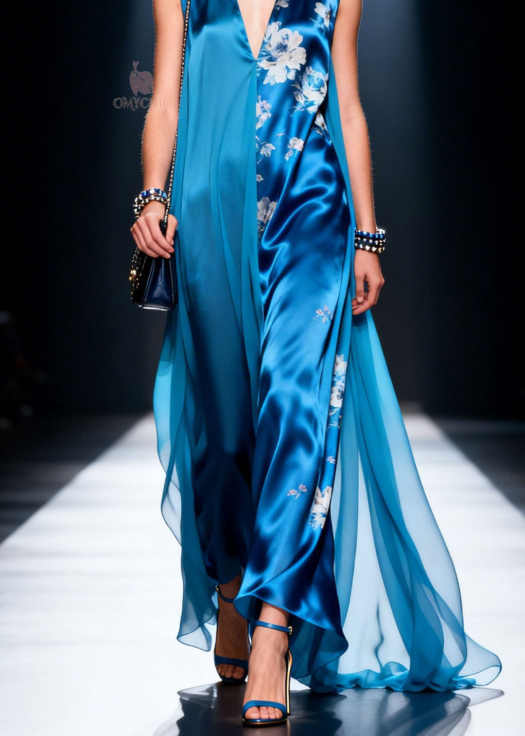 Natural Blue V Neck Print Patchwork Chiffon Dress Sleeveless