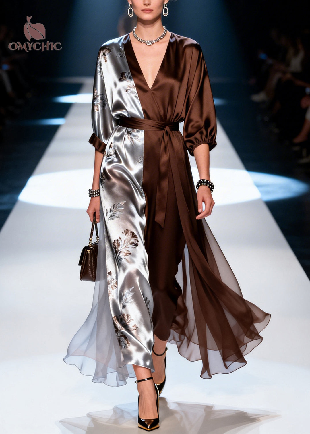 Natural Brown Asymmetrical Patchwork Chiffon Tunic Dresses Summer