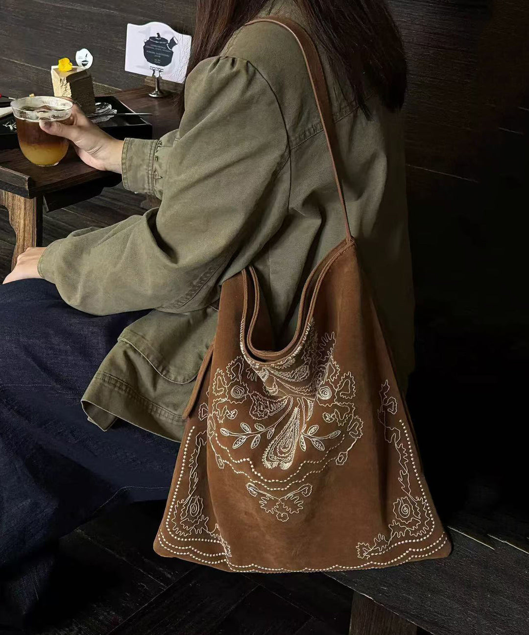 Natural Brown Embroidered Large Capacity Faux Suede Shoulder Bags