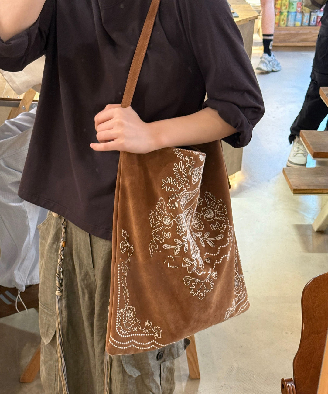 Natural Brown Embroidered Large Capacity Faux Suede Shoulder Bags
