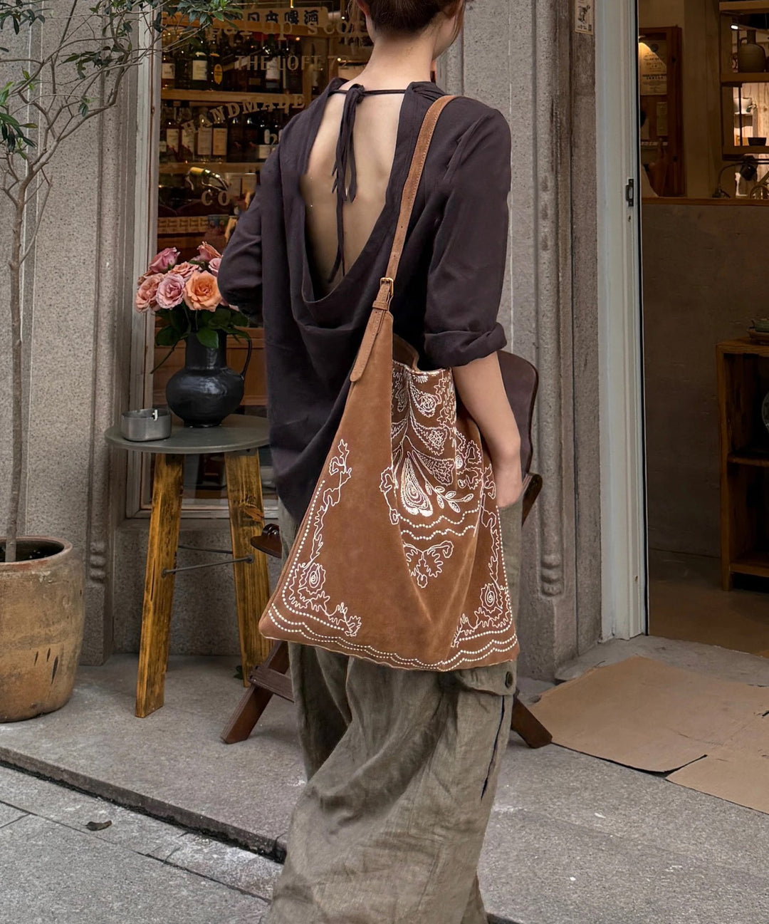 Natural Brown Embroidered Large Capacity Faux Suede Shoulder Bags
