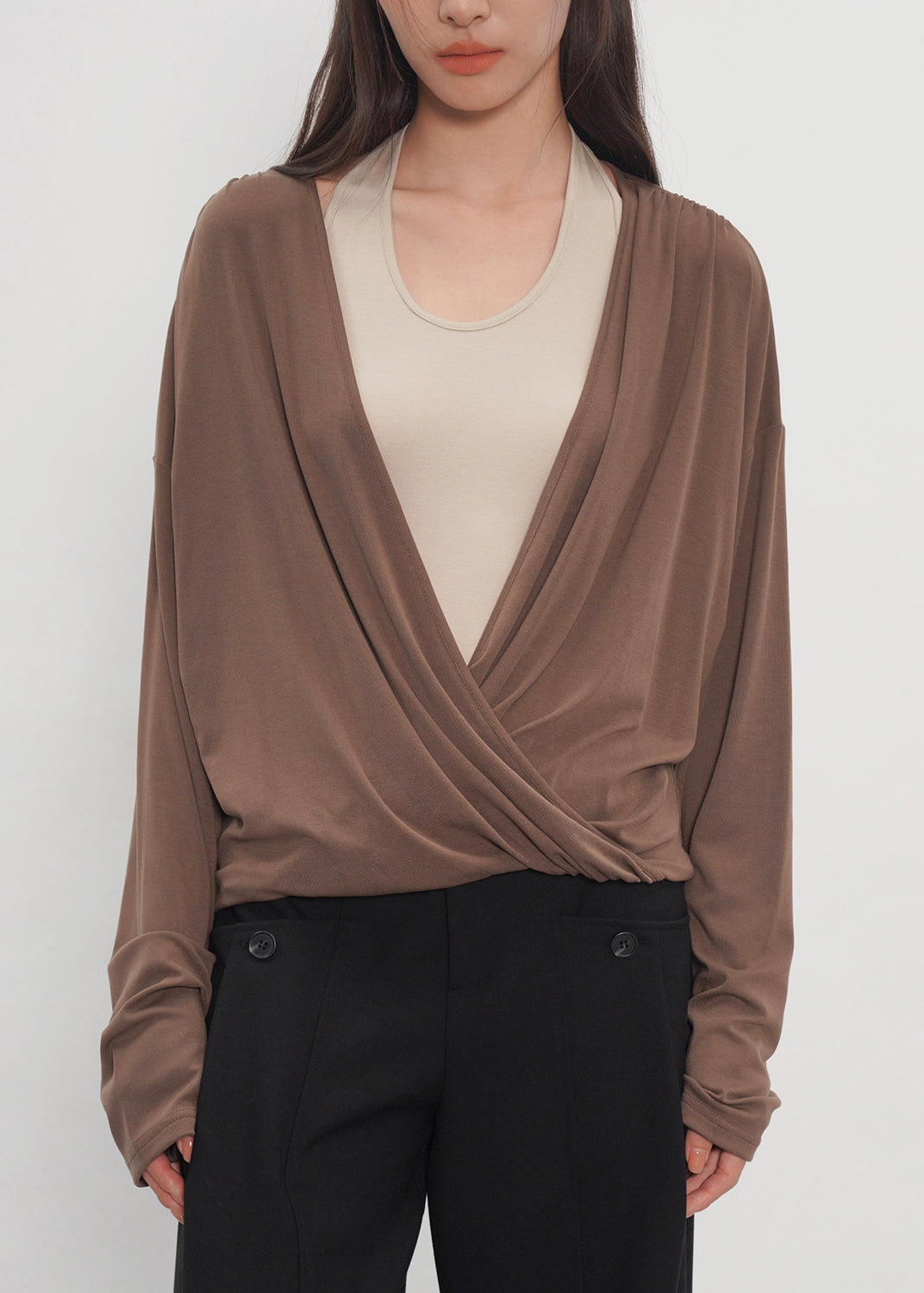 Natural Brown Hatle Patchwork Cotton Fake Two Piece Shirt Top Fall