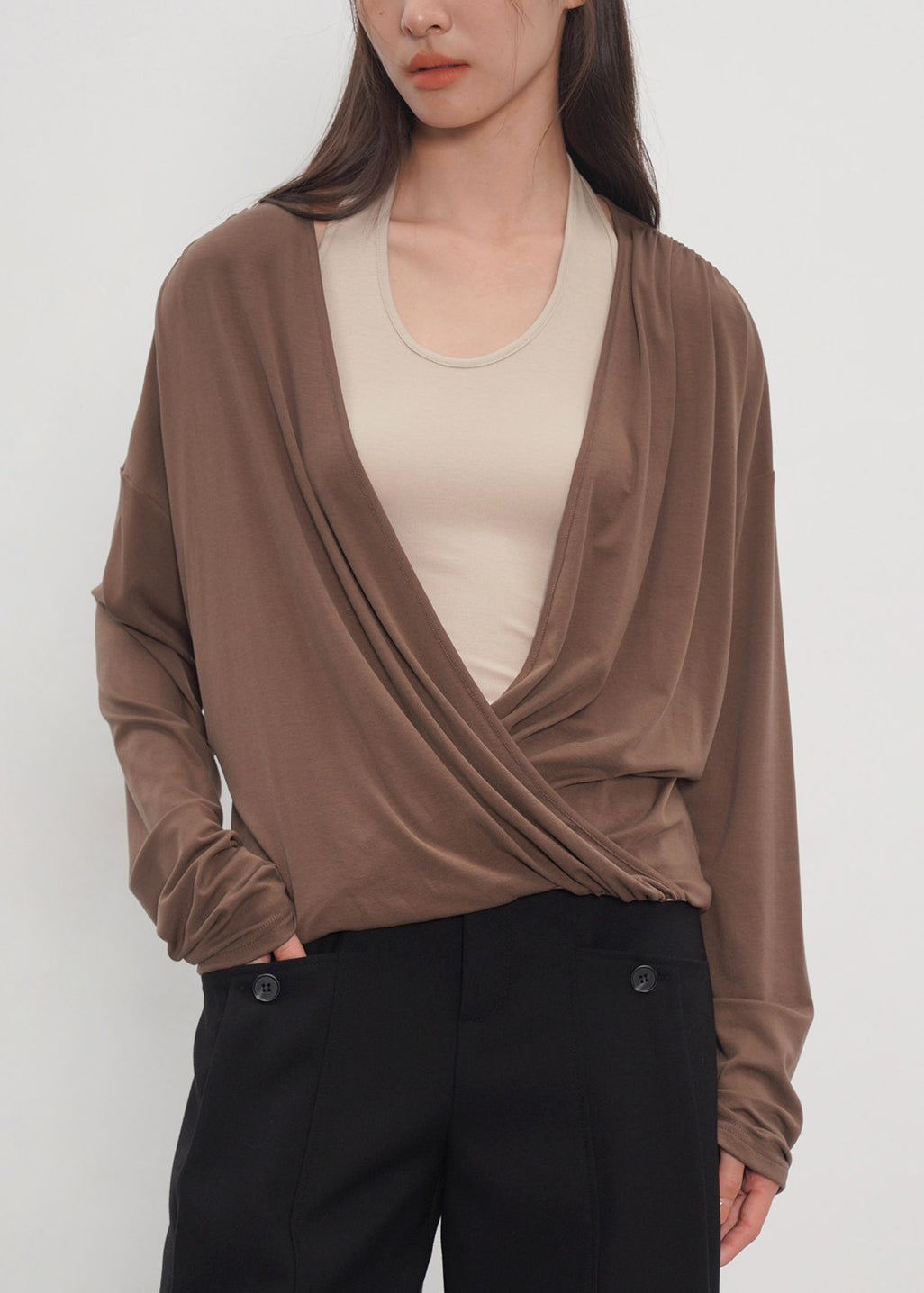 Natural Brown Hatle Patchwork Cotton Fake Two Piece Shirt Top Fall
